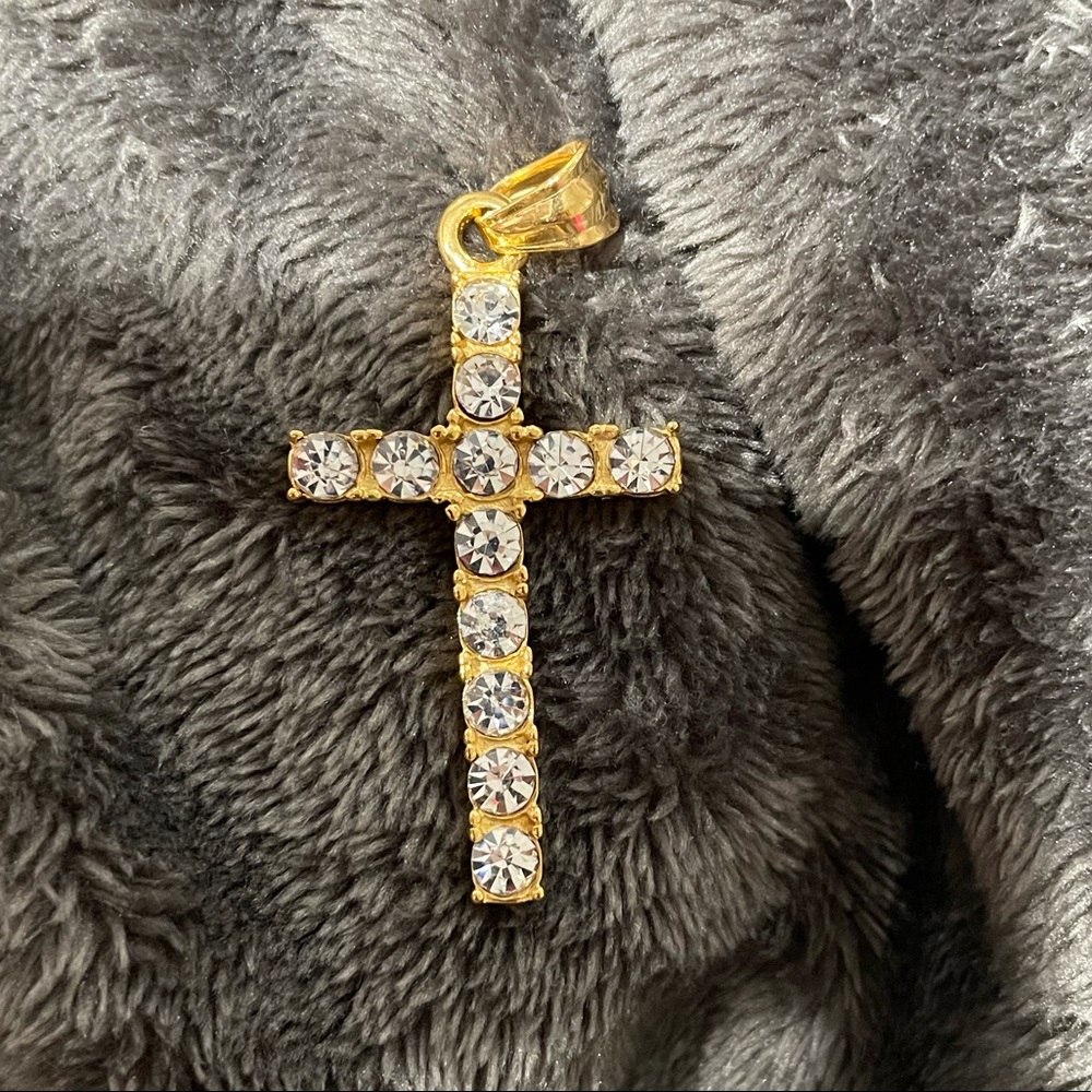 Stainless steel gold plated cross cz